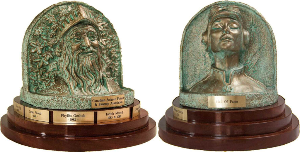 The CSFFA Hall of Fame trophy, two pictures showing both sides of the trophy